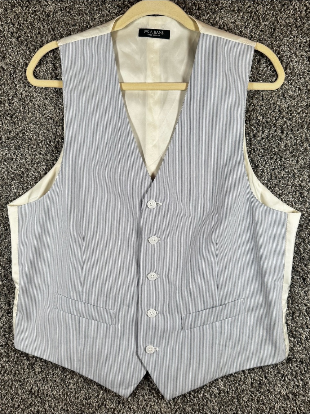 Jos A Bank Mens 40R Vest Waistcoat Textured Blue White Pinstripe 5 Button Suit